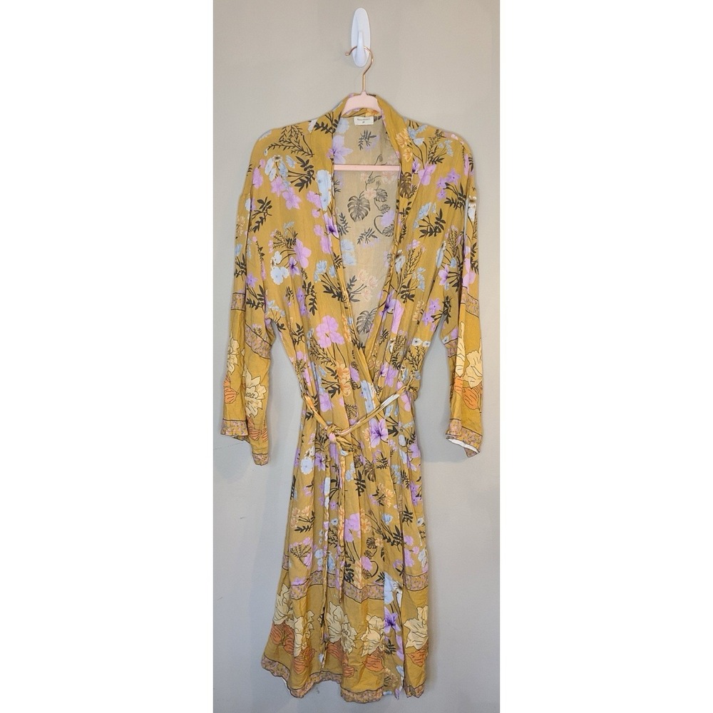 World Market Floral Kimono Wrap Dress Boho‎ Mustard Yellow Belted Resort Boho - Picture 2 of 7